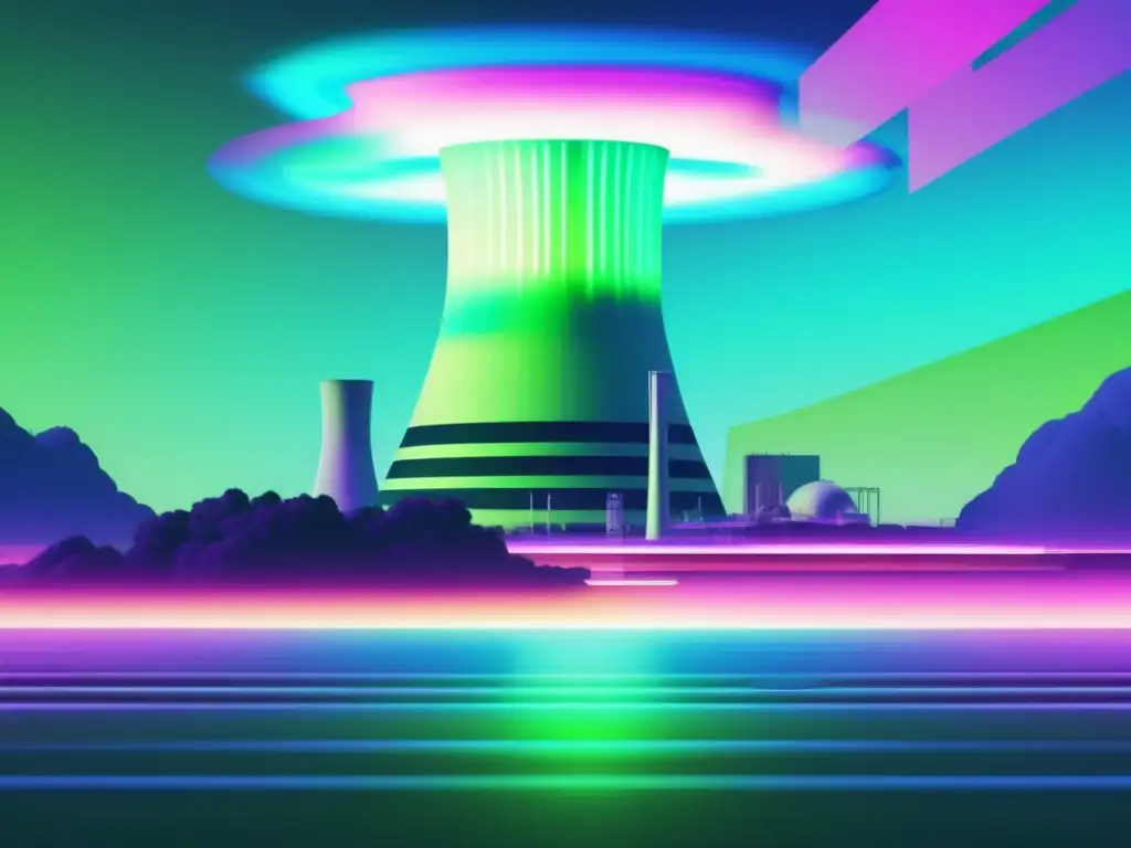 Imagen: Planta nuclear rodeada de paisaje digital con efectos glitch