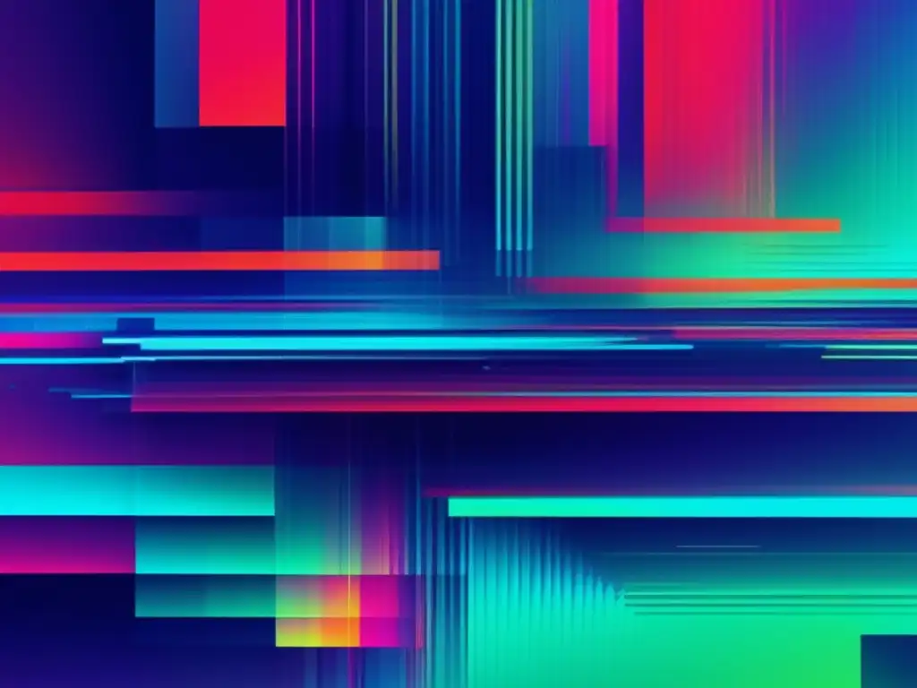 Impactante arte abstracto de glitch con colores vibrantes y formas distorsionadas que representa la esencia de los incidentes cibernéticos en empresas