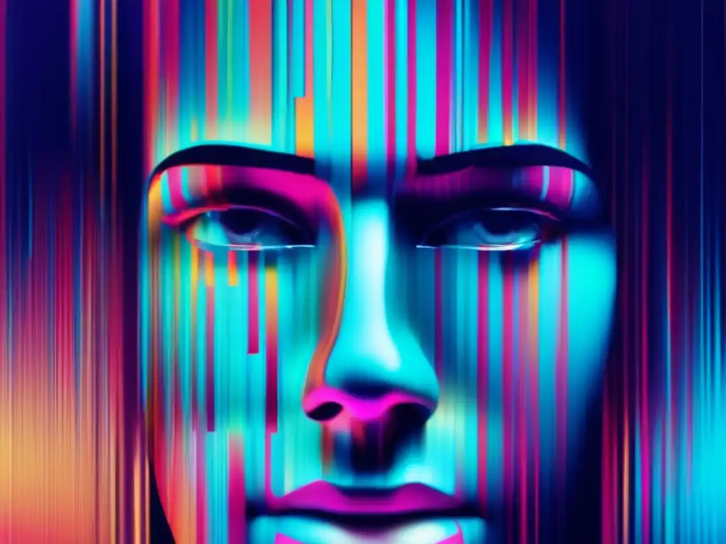 Impacto biometría: Glitch Art humano con colores intensos, fragmentos digitales y distorsiones pixeladas, evocando privacidad