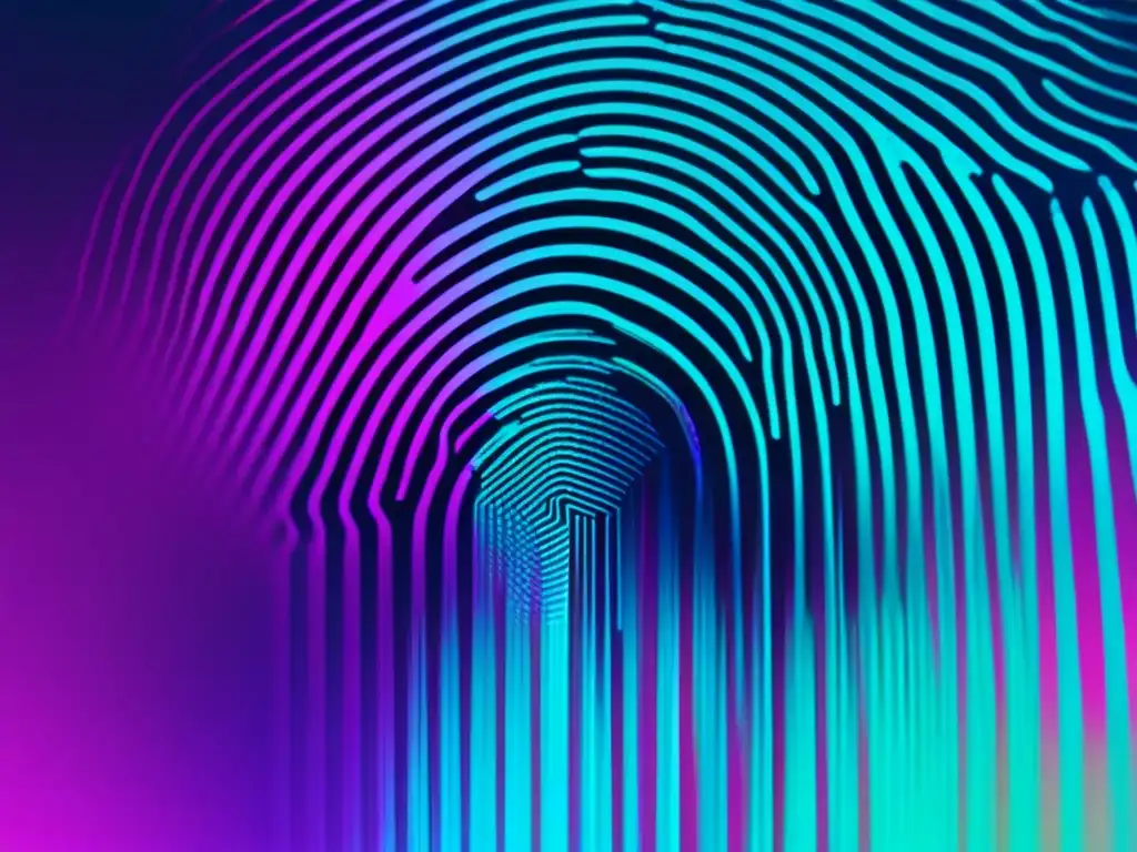 Impacto de la biometría en la privacidad: huella digital distorsionada y fragmentada con colores vibrantes y efecto glitch