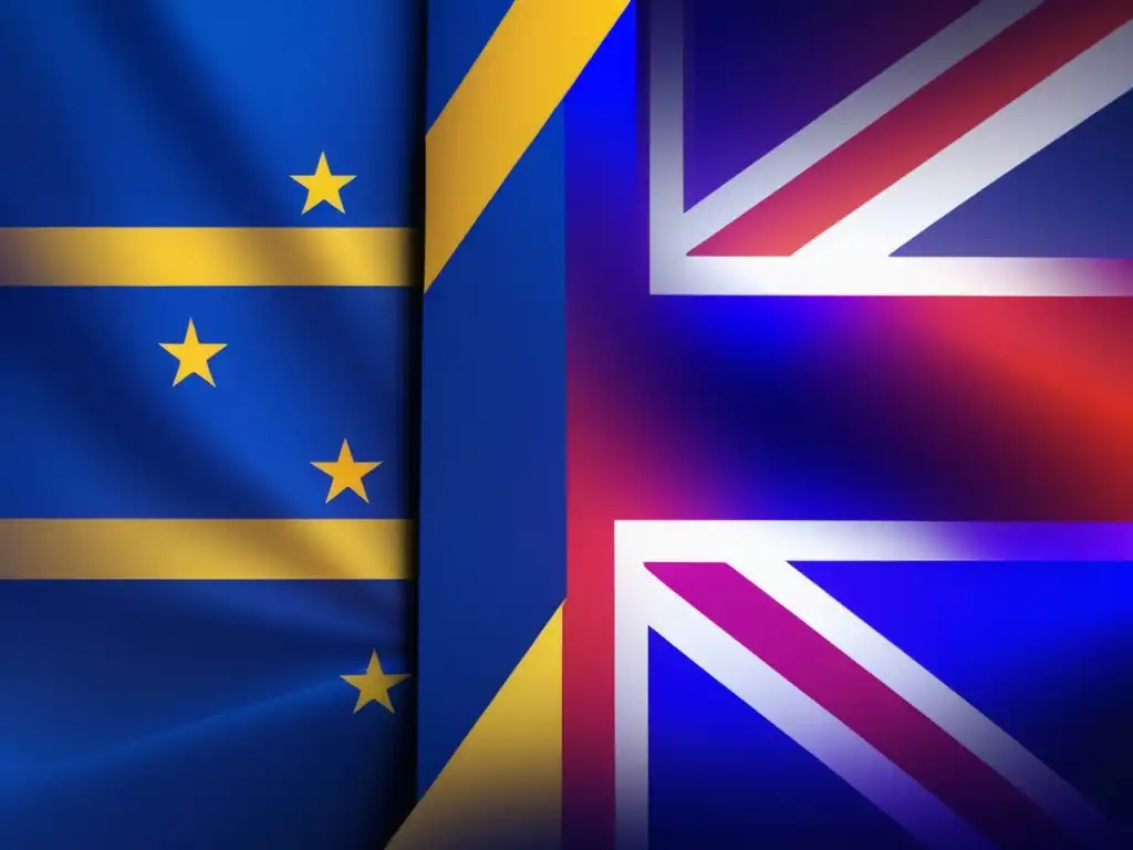 Impacto Brexit ciberseguridad protección datos: Glitch art de la unión Europea y Reino Unido fusionando banderas, simbolizando transferencia de datos