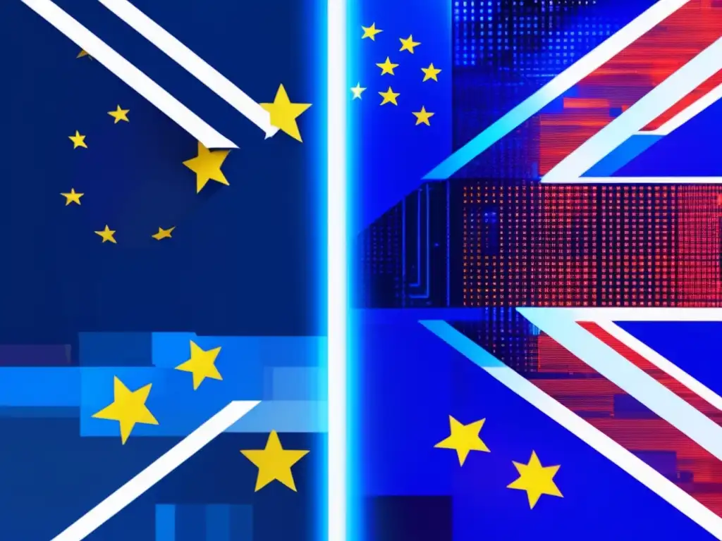 Impacto Brexit ciberseguridad protección datos: imagen de glitch art mostrando cambios y desafíos tras la salida del Reino Unido de la Unión Europea