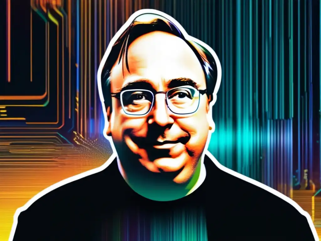 Impacto de Linux en ciberseguridad: imagen 8k ultradetallada de Linus Torvalds, creador de Linux, en estilo Glitch Art