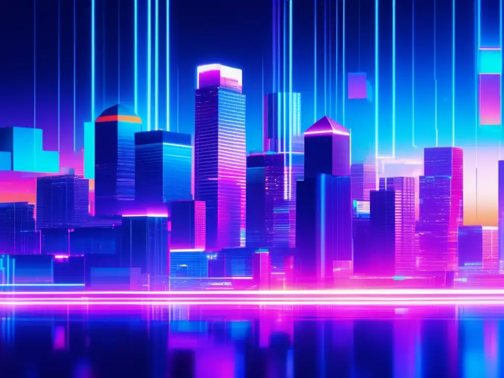 Importancia de blockchain en ciberseguridad: imagen glitch de paisaje digital futurista con colores vibrantes y efecto de tecnología disruptiva