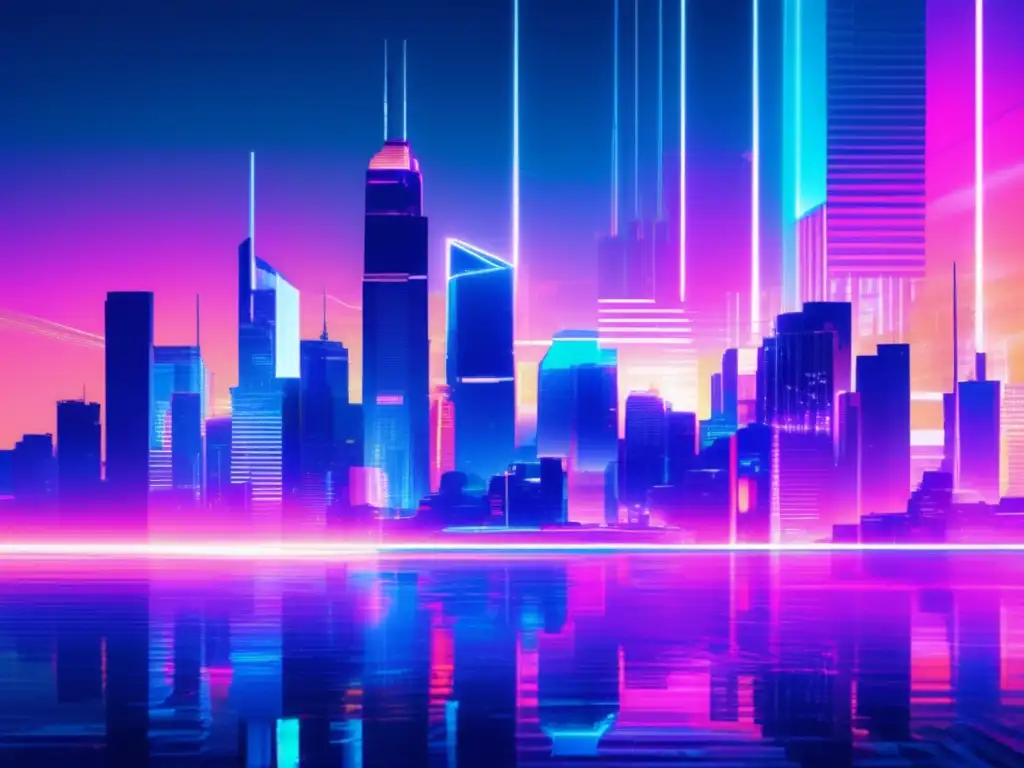 Importancia blogs ciberseguridad actualizados: Futurista ciudad cyberpunk protegida por glitches