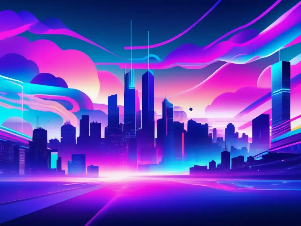 Innovaciones seguridad informática nube: Glitch art futurista de paisaje digital con cielo y ciudad glitch, simbolizando protección y cifrado de datos