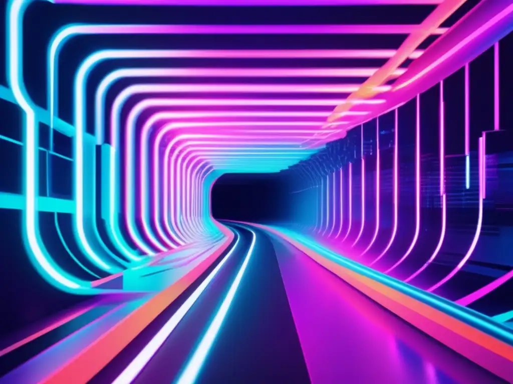 Innovaciones en VPNs para seguridad digital, arte de glitch vibrante y futurista que representa el túnel abstracto de un VPN