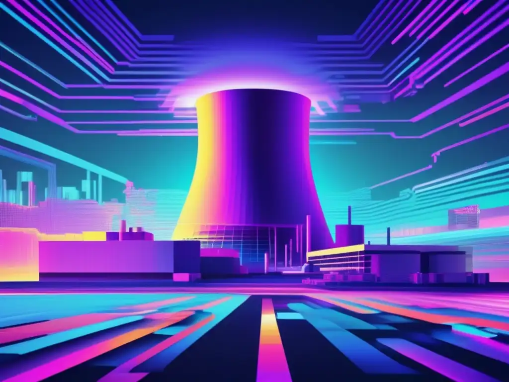 Lecciones ciberseguridad instalaciones nucleares: planta nuclear surrealista con glitch y caos