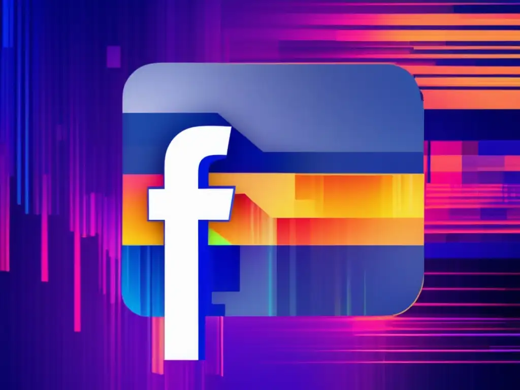 Logo distorsionado de Facebook con colores vibrantes y fragmentos pixelados