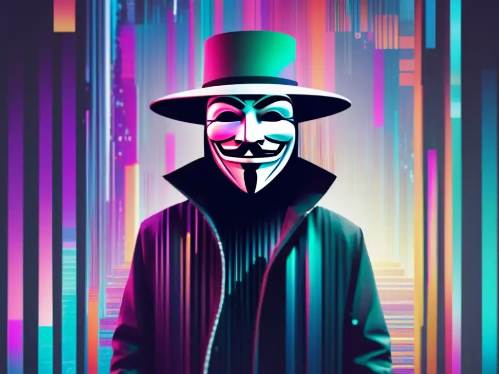 Figura con máscara de Guy Fawkes en paisaje digital glitch: Hacktivismo como forma de protesta