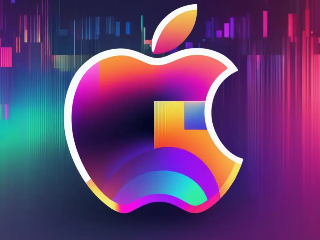 Mitos sobre seguridad en Mac: Logo Apple distorsionado, colores vibrantes y efectos glitch resaltan vulnerabilidad tecnológica y presencia de malware