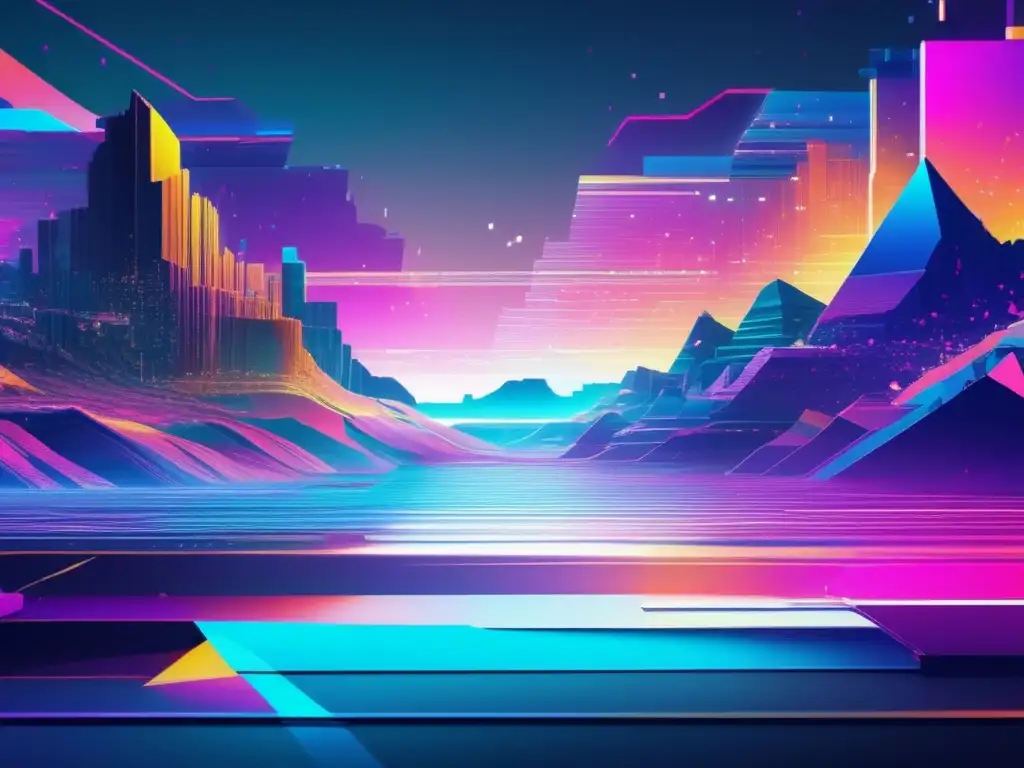 Navegación anónima ciberseguridad privacidad en una imagen de paisaje digital vibrante y distorsionado, con fragmentos pixelados y código glitched