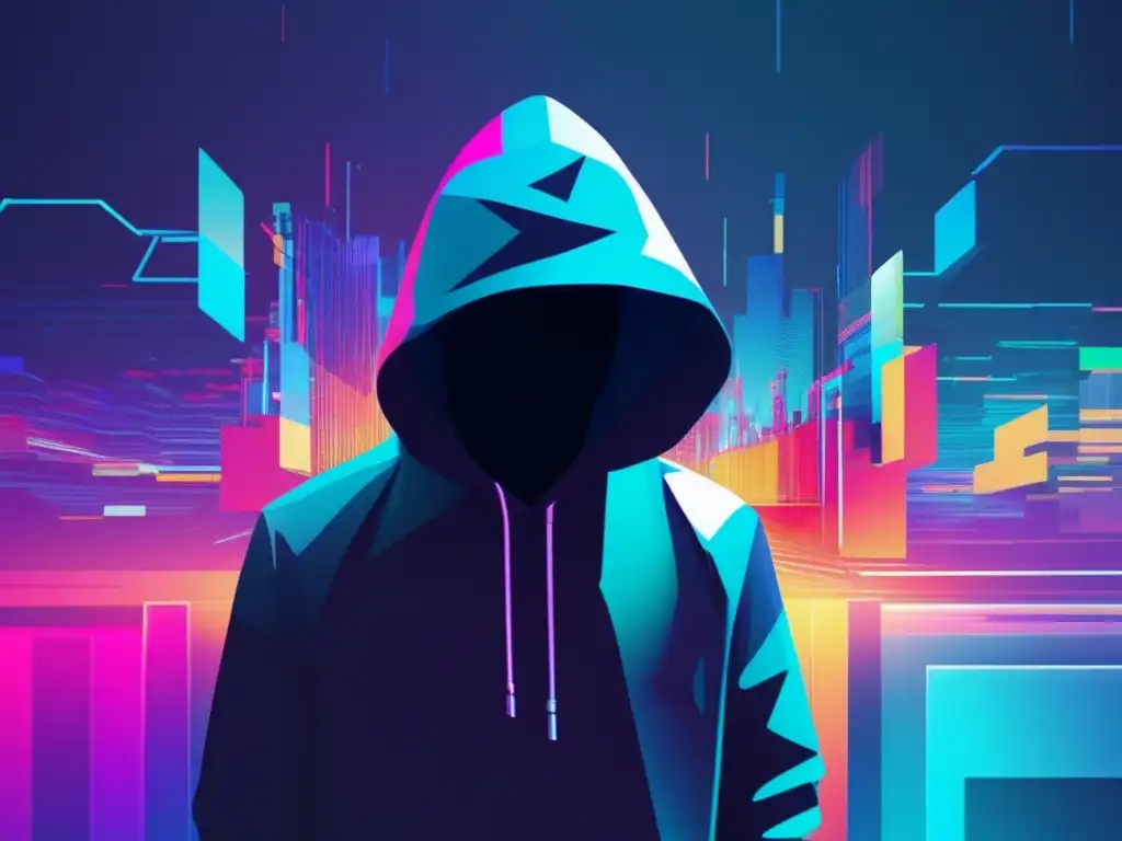 Navegación anónima, ciberseguridad y privacidad en un paisaje digital fragmentado con colores vibrantes y distorsionados