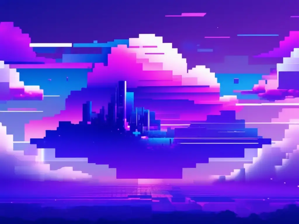 Una nube glitch con paisaje digital y colores vibrantes, evocando estrategias de protección de datos en la nube