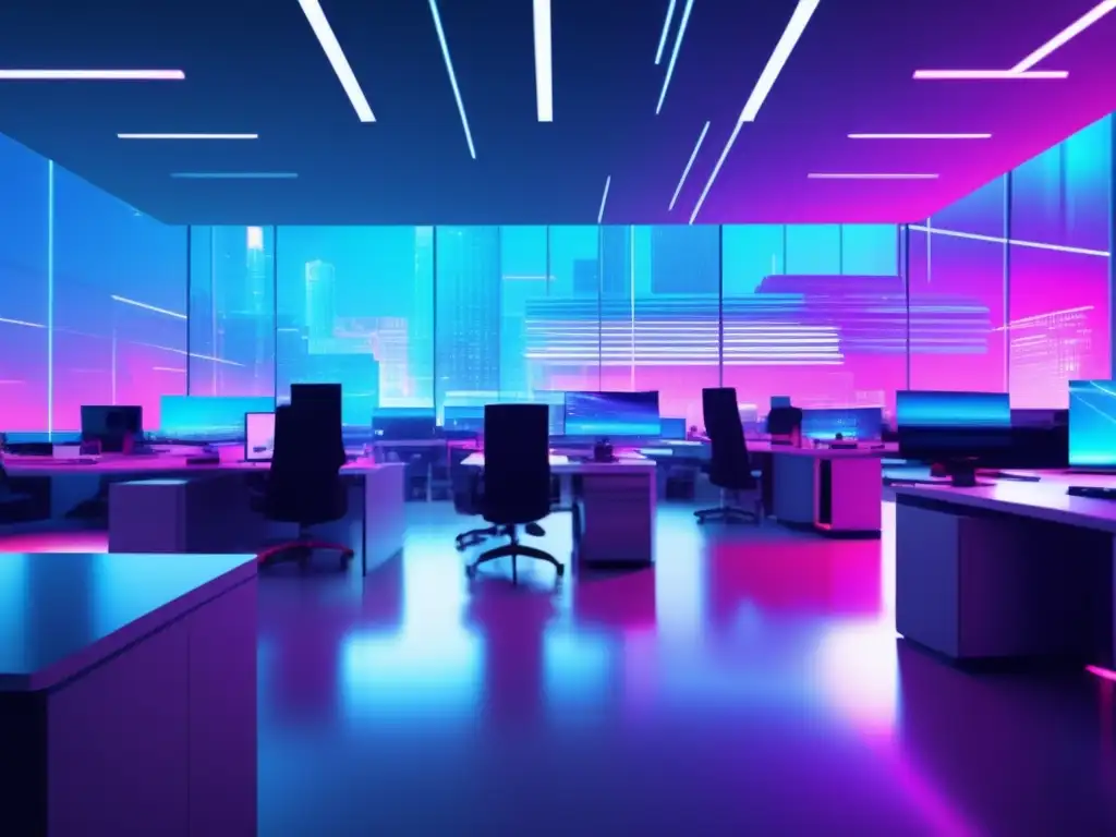 Caos digital en oficina corporativa futurista Oficina futurista con simulacros de ataque para organizaciones