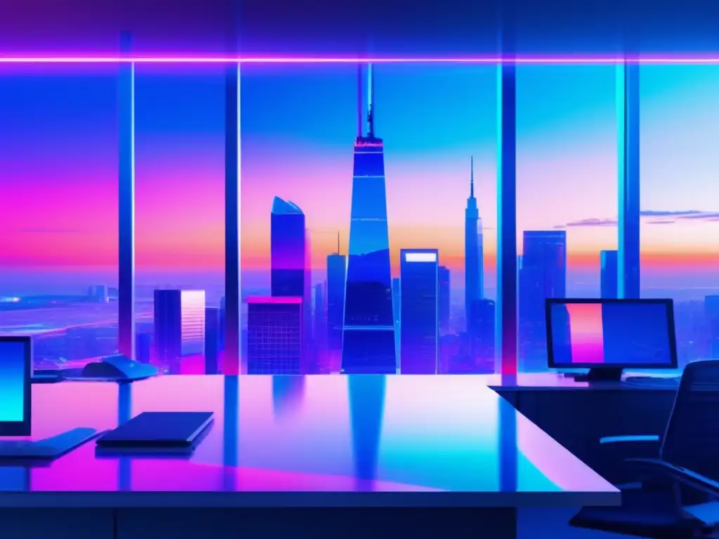 Oficina futurista con vista panorámica de la ciudad al atardecer, glitch art que representa la importancia de la ciberseguridad en el teletrabajo