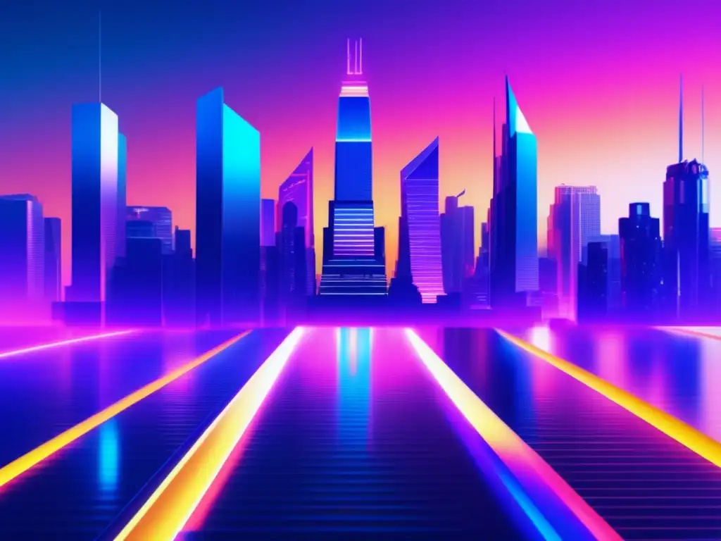 Oportunidades 5G ciberseguridad alta velocidad: futurista skyline glitch art con rascacielos, arquitectura distorsionada y colores vibrantes