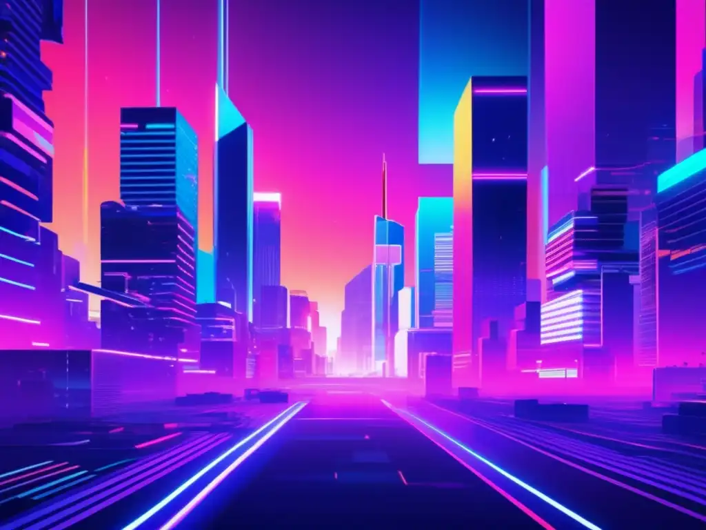 Paisaje ciberfuturista glitchado con colores vibrantes, una ciudad virtual con rascacielos pixelados