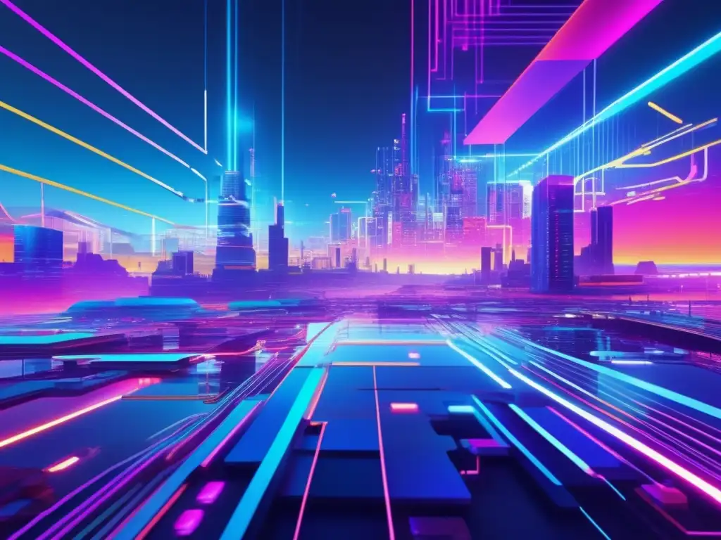 Ciber paisaje futurista con efectos glitch y redes interconectadas Paisaje cibernético futurista con implementación de políticas de seguridad IT