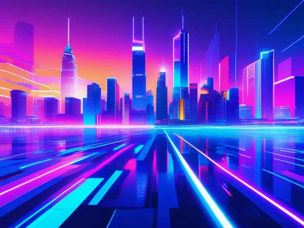 Un paisaje de ciudad futurista con rascacielos distorsionados, glitches y luces neón