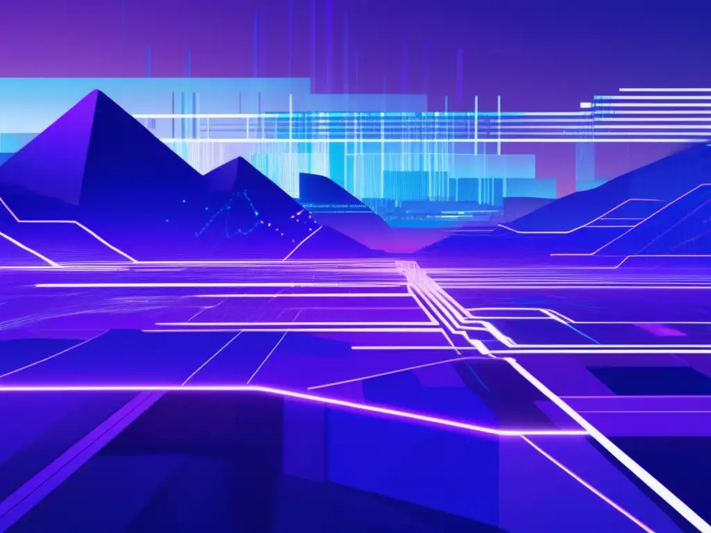 Paisaje digital azul y morado con fragmentos pixelados, cables y códigos binarios