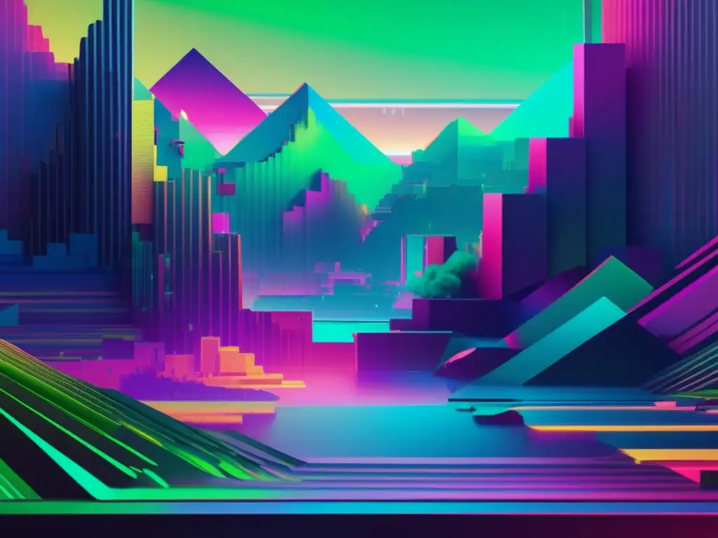Paisaje digital caótico con colores vibrantes y formas distorsionadas - Protección de datos académicos en línea