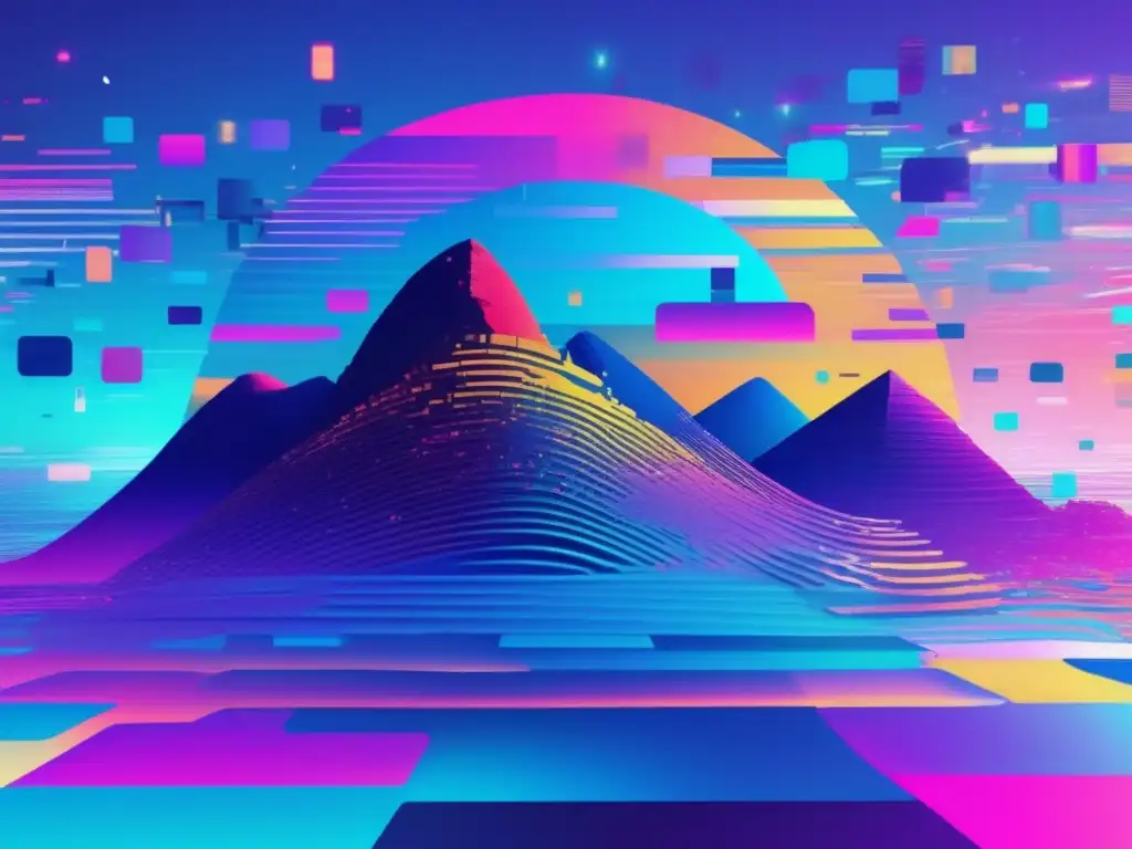 Paisaje digital caótico con iconos de redes sociales fragmentados y colores vibrantes