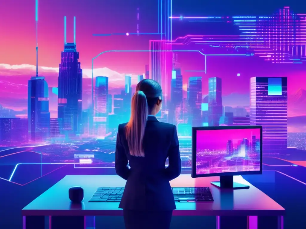 Paisaje digital ciberseguridad con mujer negocios y glitch art