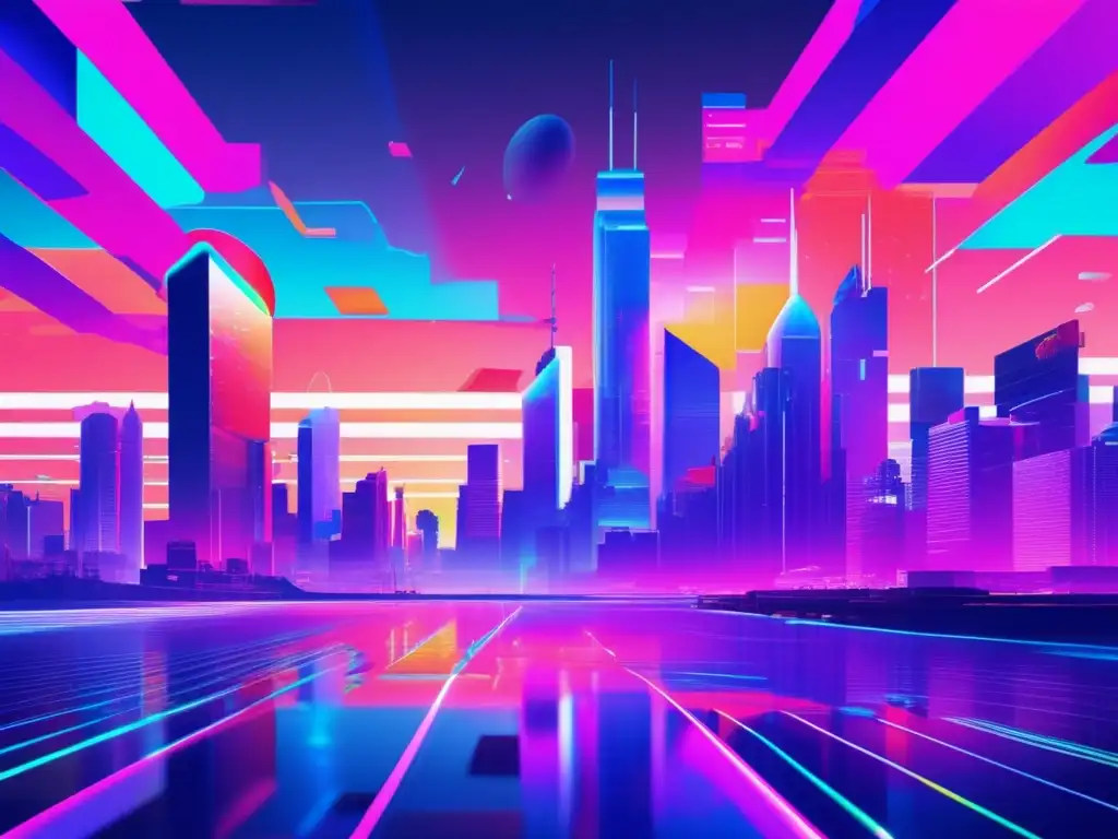 Paisaje digital glitch con ciudad futurista y ética en la reputación corporativa