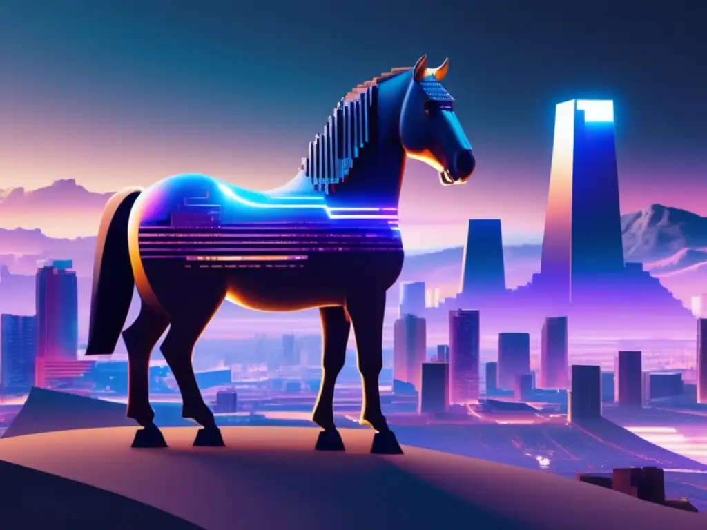 Paisaje digital con caballo de Troya glitchy Paisaje digital con ciudad futurista, un caballo de Troya pixelado y una puerta digital glitchy