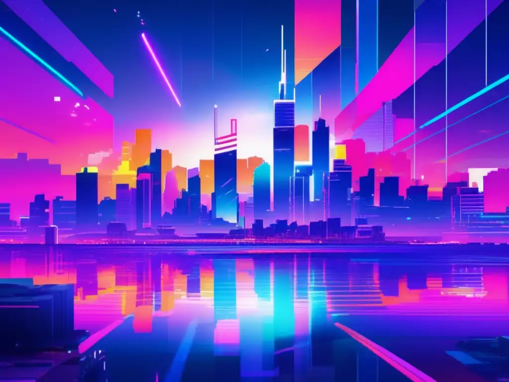 Paisaje digital glitch con ciudad futurista, luces neón y elementos pixelados