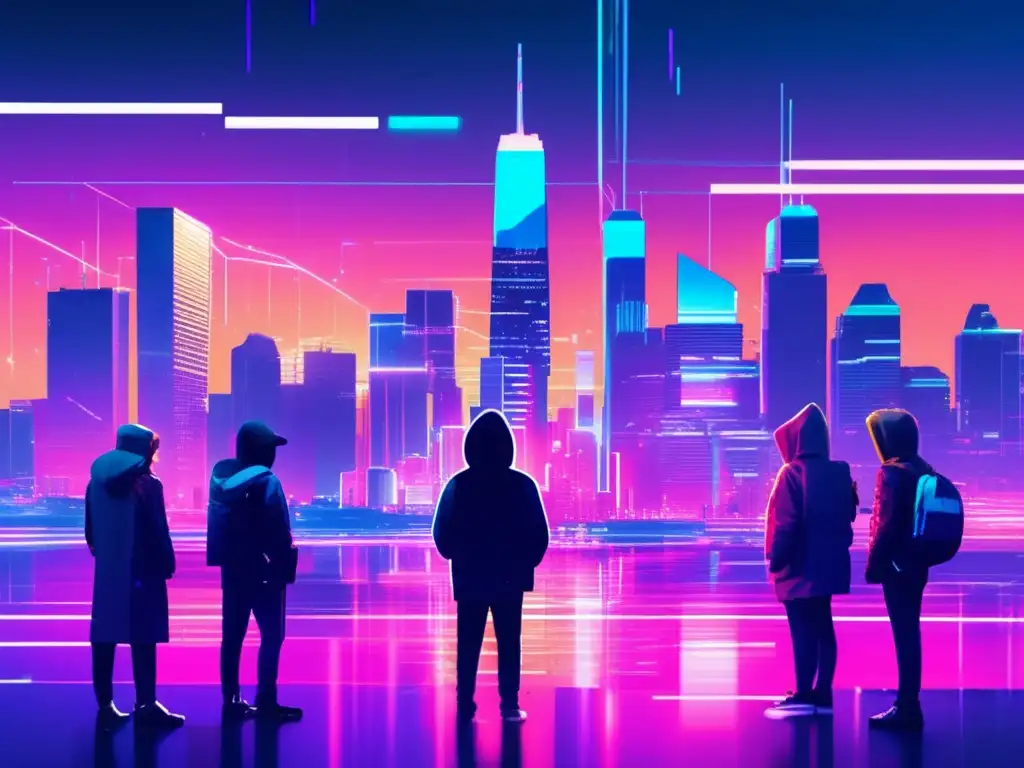 Paisaje digital con ciudad futurista glitchada y escena de ciberdelito