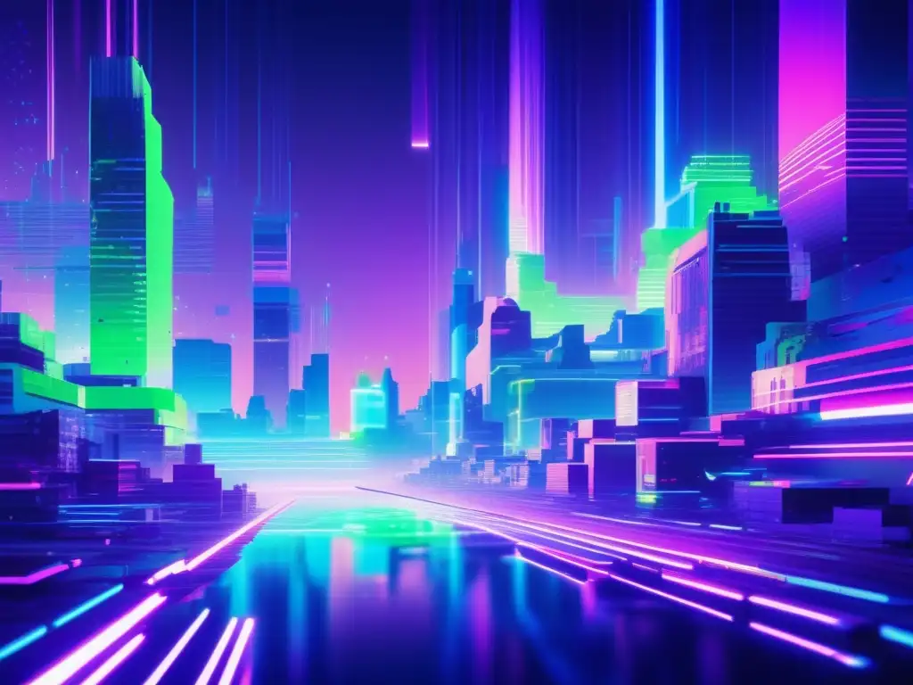 Paisaje digital glitch de 8k con colores neon y efectos caóticos, representa la privacidad en el ciberespacio