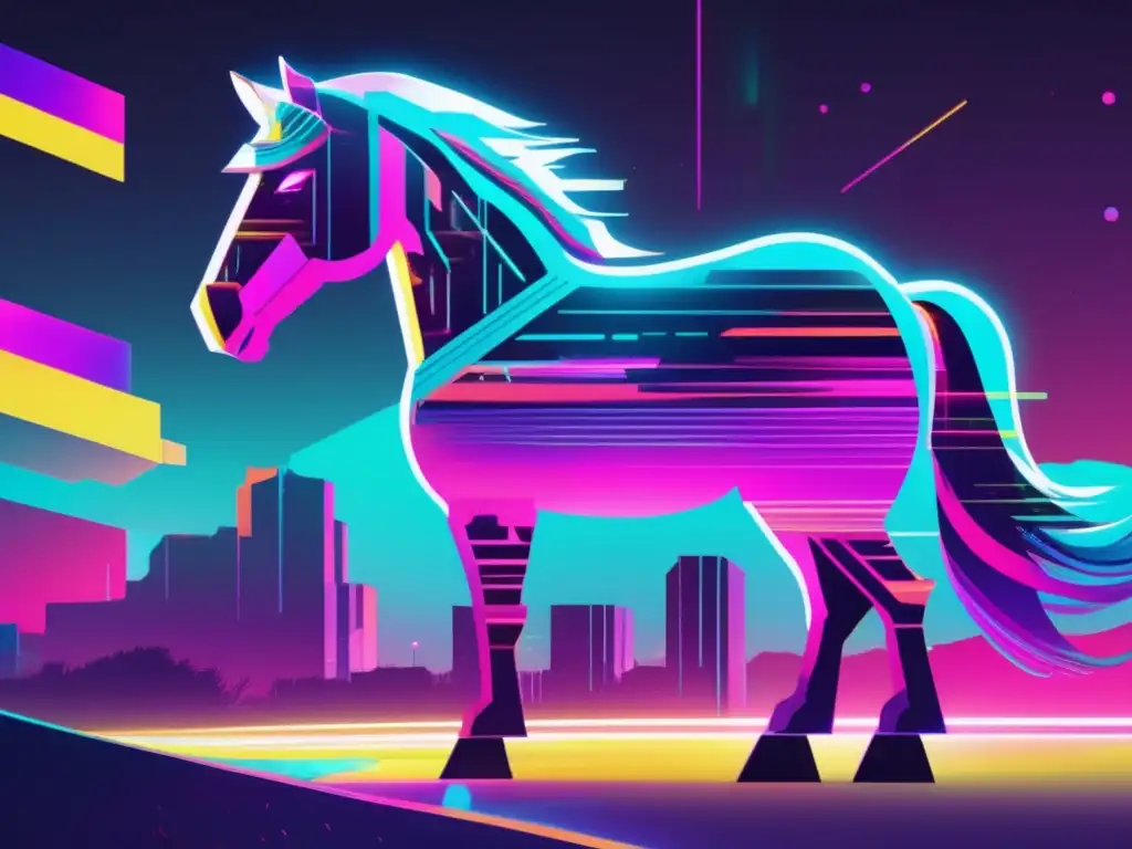 Peligros ocultos: Caballo de Troya Paisaje digital con colores neón y formas distorsionadas