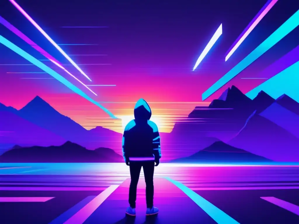 Paisaje digital glitch con colores vibrantes y formas pixeladas