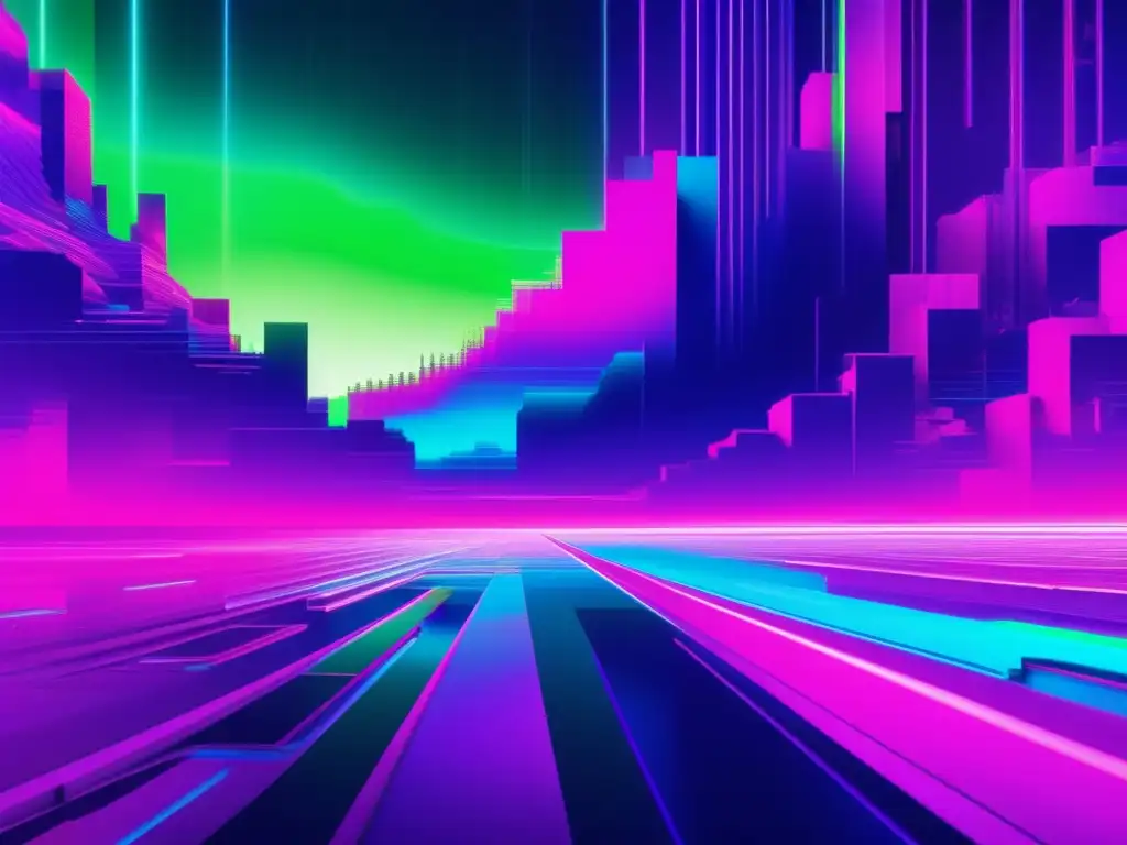 Paisaje digital glitch con colores vibrantes y arena de seguridad: Sandbox para probar software seguro