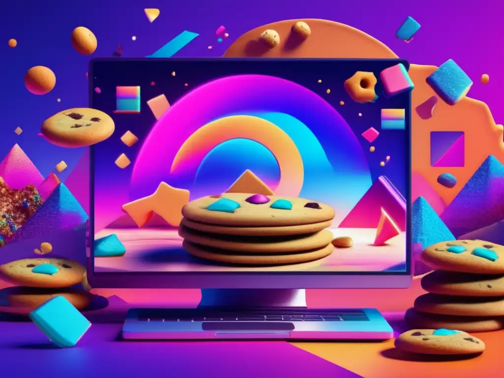 Arte glitch y privacidad online Paisaje digital con colores vibrantes y formas distorsionadas, representando la privacidad en línea y cookies