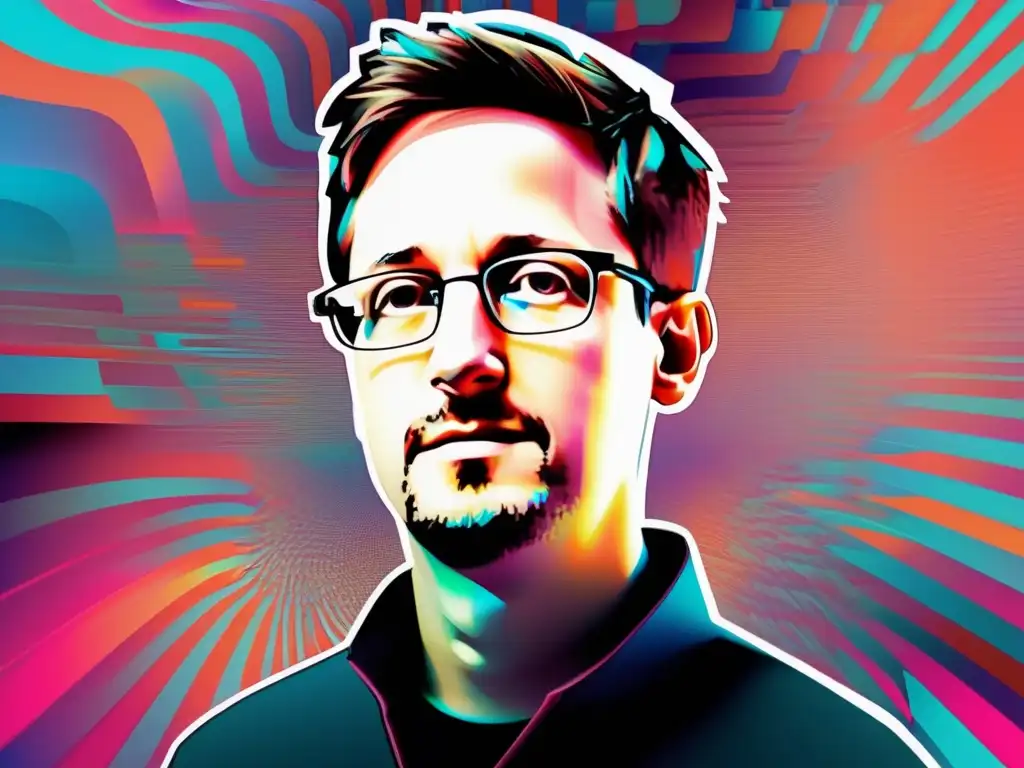 Edward Snowden en paisaje digital con colores neon y pixelacion glitch