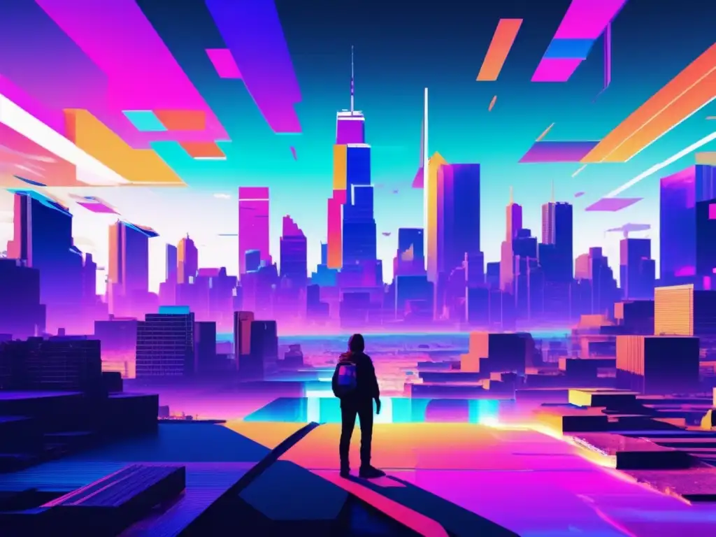 Paisaje digital desolado con edificios glitched, una figura pixelada y código binario