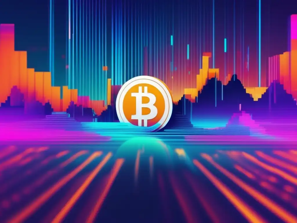 Paisaje digital distorsionado con colores vibrantes, Bitcoins y ciberseguridad en criptomonedas