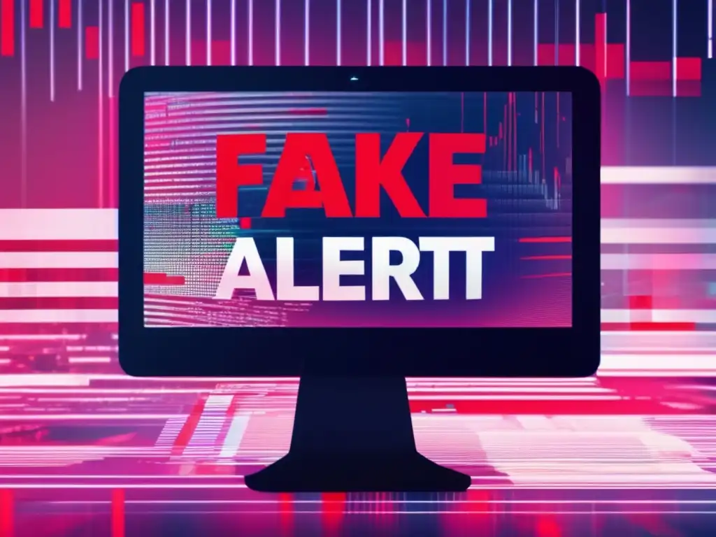 Paisaje digital distorsionado con mensajes de 'Fake News Alert! ', resaltando la importancia de la verificación de noticias en ciberseguridad