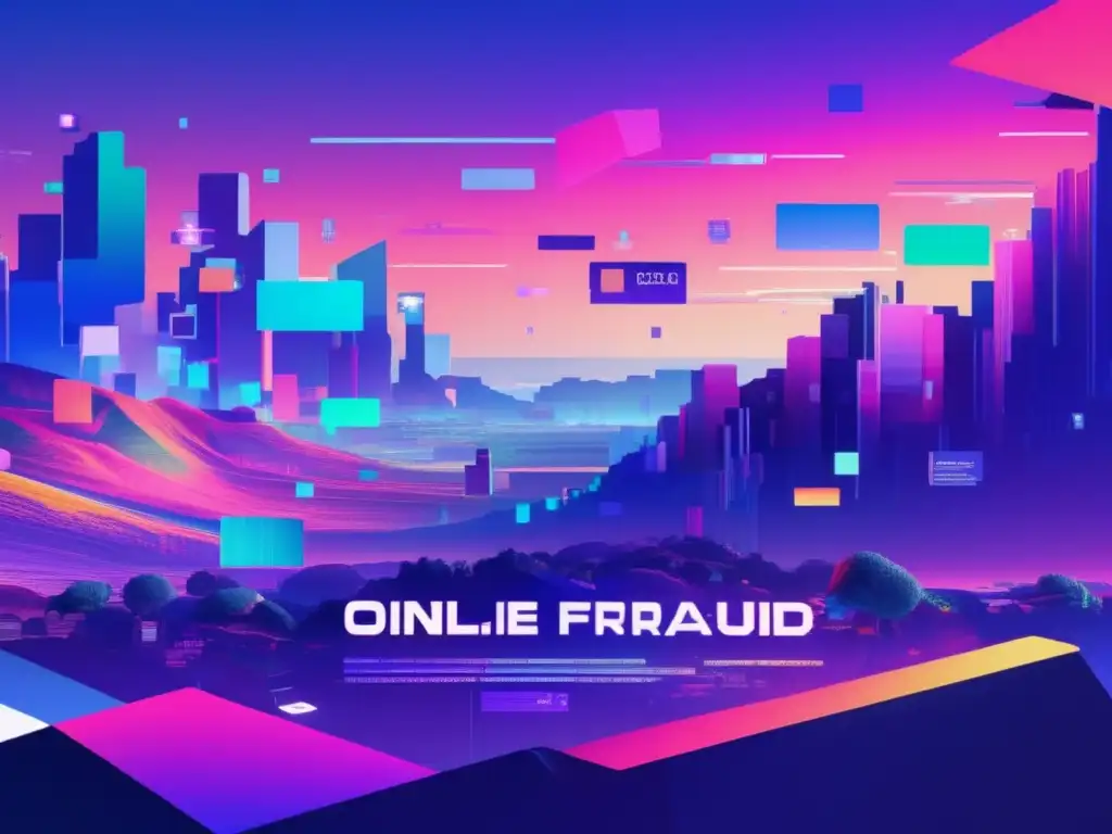 Paisaje digital glitch con estafas y fraudes en concursos en redes sociales