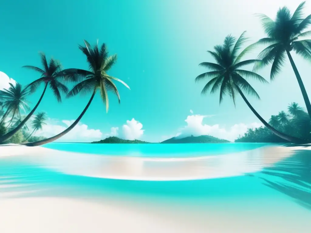 Paisaje digital y físico se fusionan: playa de arena blanca y agua turquesa junto a palmeras, con cielo glitch de colores neon