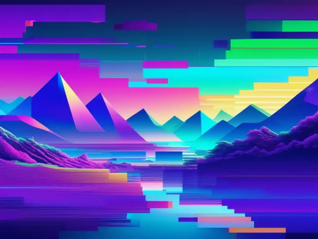 Paisaje digital fragmentado y caótico con colores intensos