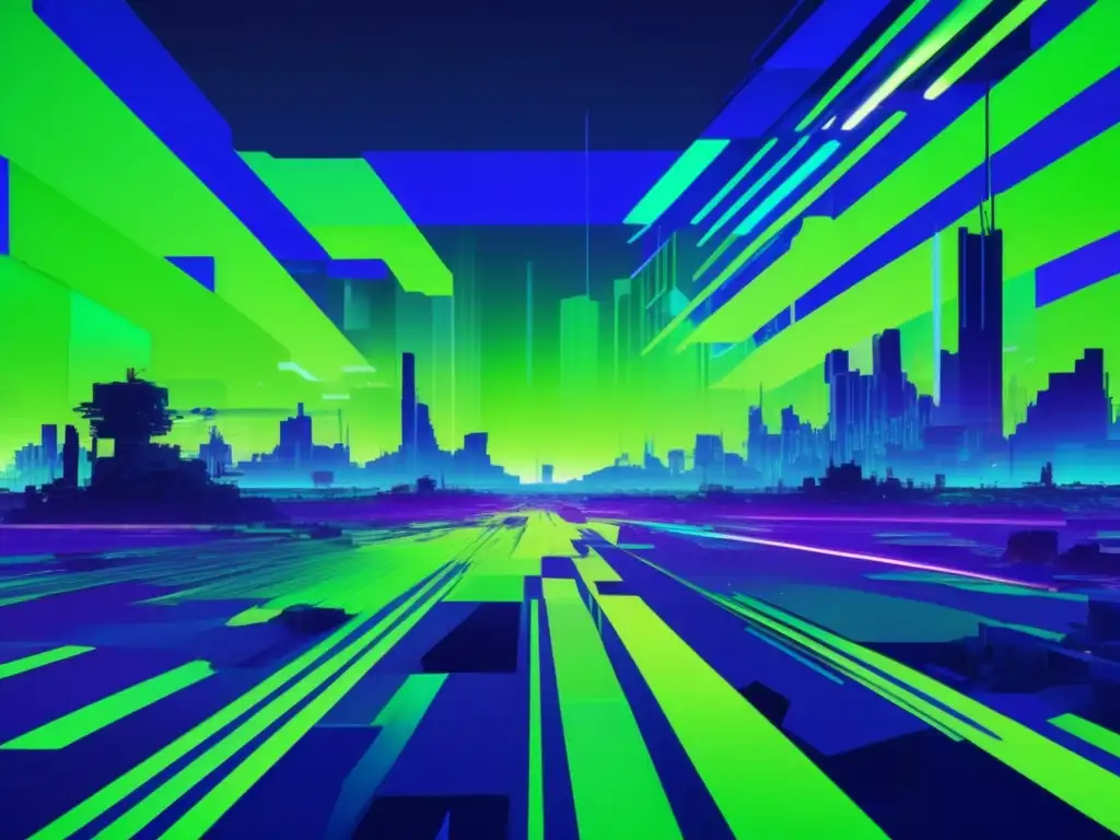 Paisaje digital fragmentado, evocando la Guerra Fría cibernética y las amenazas en neon verde y azul intenso