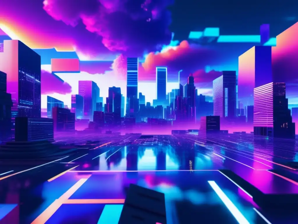 Paisaje futurista digital glitch 8k Paisaje digital futurista con ciberseguridad en la nube: protección de datos