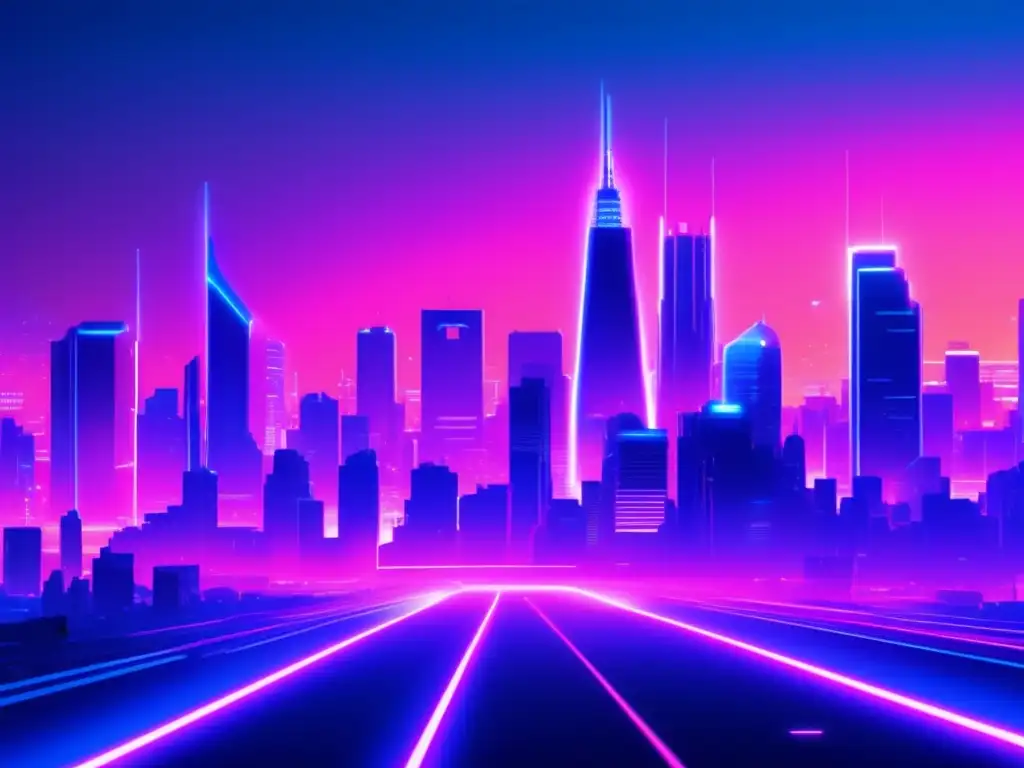 Paisaje digital futurista con ciudad, rascacielos, luces neón y glitches