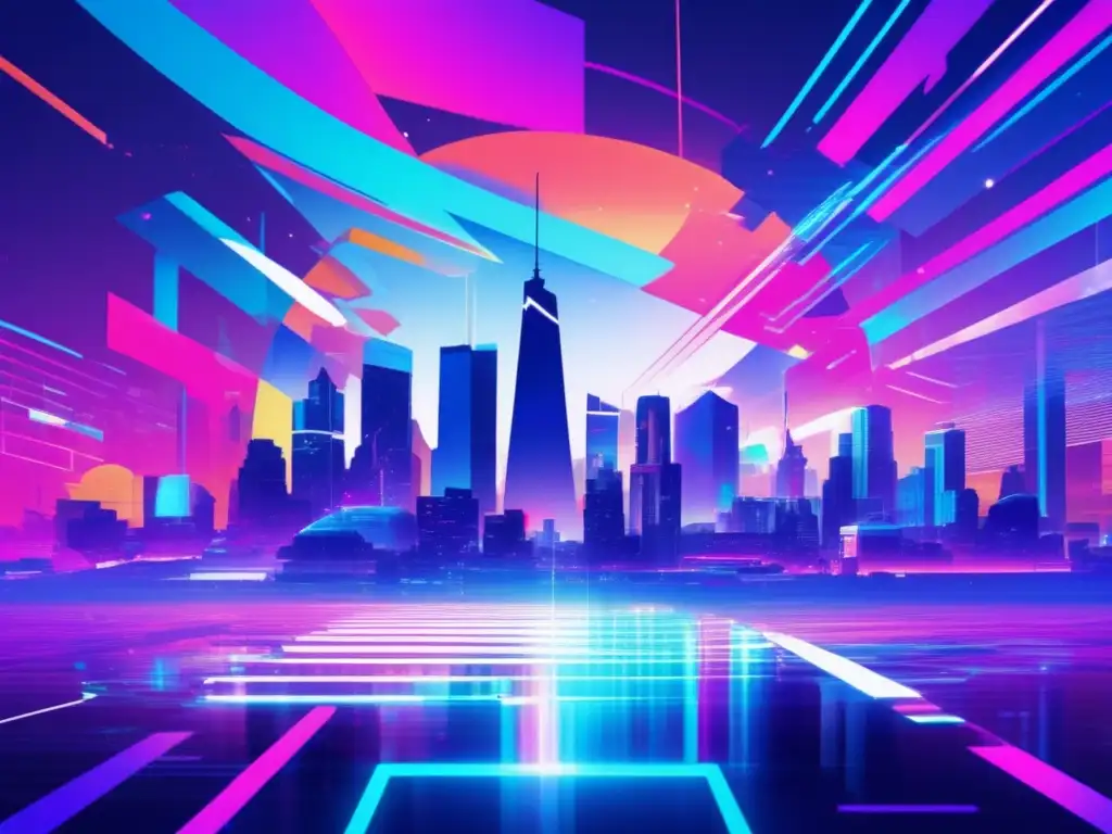 Paisaje digital futurista con ciudad geométrica y colores neón