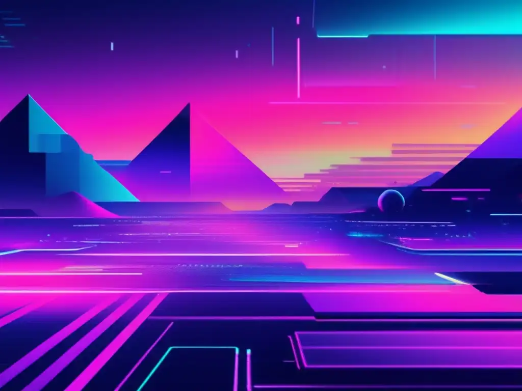 Evaluación inversión ciberseguridad: paisaje digital futurista glitch con colores vibrantes, formas geométricas distorsionadas y elementos de riesgo