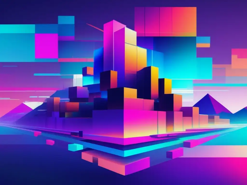 Paisaje digital futurista en colores pixelados y formas distorsionadas que representa una estructura blockchain segura y descentralizada